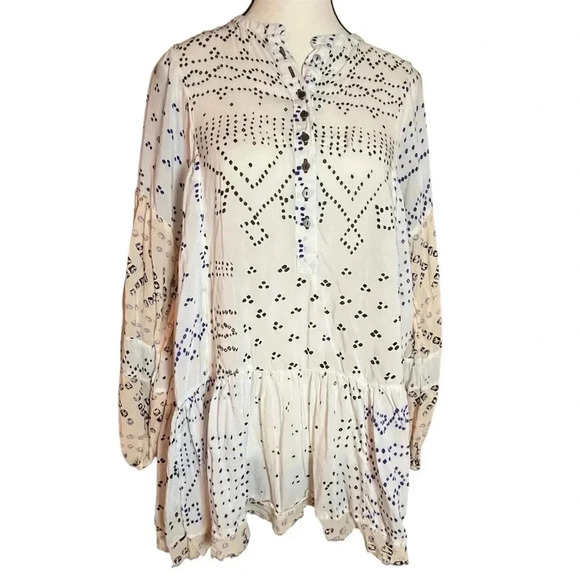 Free People Shibori Ivory Print Long Sleeve Button-Up Tunic Dress Womans Size XS - Picture 2 of 11
